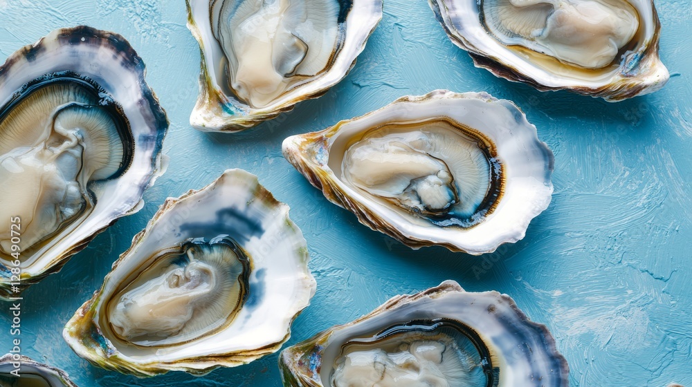 Oil painting style visible paint and brush strokes oysters opened filling the screen minimalistic background light blue background