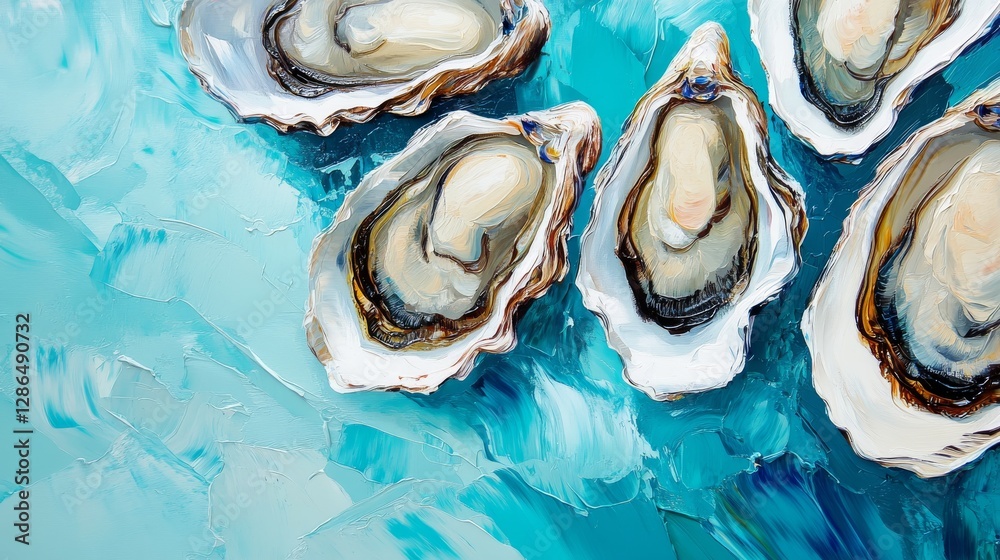 Oil painting style visible paint and brush strokes oysters opened filling the screen minimalistic background light blue background