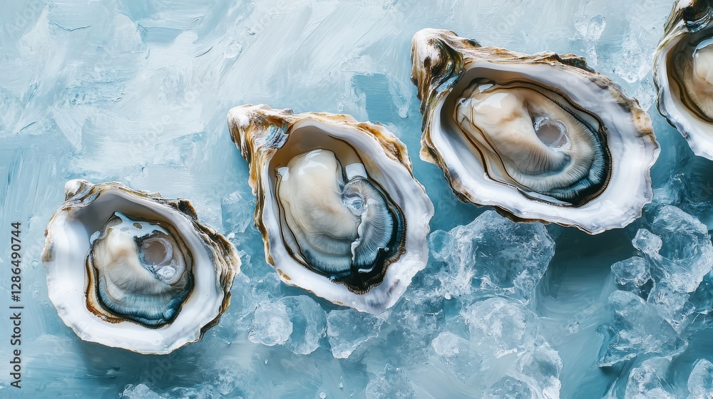 Oil painting style visible paint and brush strokes oysters opened filling the screen minimalistic background light blue background