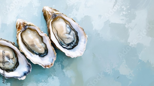 Oil painting style visible paint and brush strokes oysters opened filling the screen minimalistic background light blue background