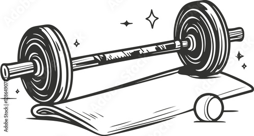 Black and white illustration of a barbell on a mat for gym use.