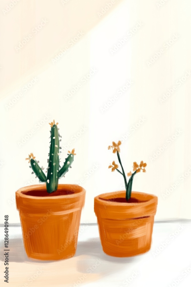 PAINTING OF TWO CACTUS WITH FLOWER IN POT ON WHITE BACKGROUND ILLUSTRATION ONE CACTUS MORE DEFINED AND OTHER ONE FLATTER COLORS
