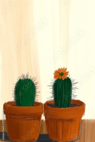 Obraz na płótnie PAINTING OF TWO CACTUS WITH FLOWER IN POT ON WHITE BACKGROUND ILLUSTRATION ONE CACTUS MORE DEFINED AND OTHER ONE FLATTER COLORS w salonie