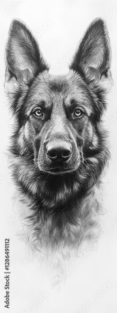 Pencil sketch of a german shepherd dog looking straight at the camera on a white background