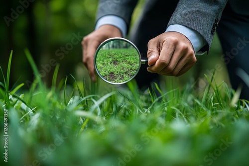 Obraz na płótnie Photo of A businessman examines a plot of land with a magnifying glass Purchase and sale of land Plot valuation Checking for arrests and possible risks to the successful conclusion of the contract w salonie