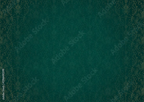 Wallpaper Mural Hand-drawn unique abstract ornament. Light green on a dark cold green background, with vignette in golden glitter. Paper texture. Digital artwork, A4. (pattern: p13-1c) Torontodigital.ca