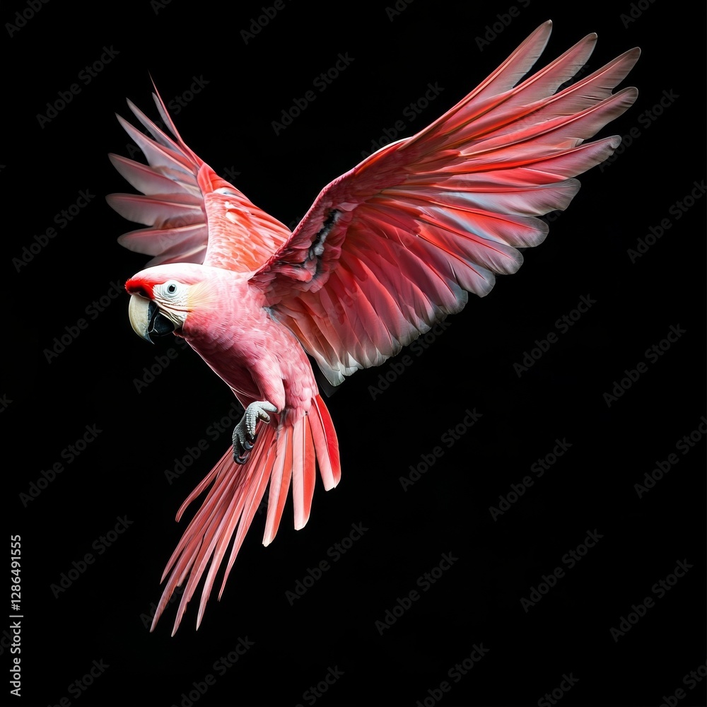 Pink parrot flying dona t looking to the camera black background