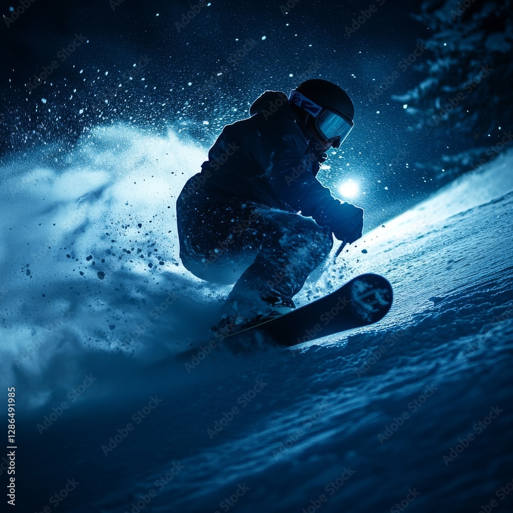Real photography a snowboarder skiing at night in the snow field blues moment diagonal composition atmosphere
