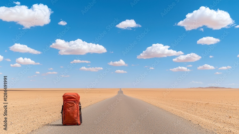 A lone backpack sits on a deserted road stretching into a vast, dry landscape under a bright blue sky dotted with fluffy clouds. A lone backpack sits on a deserted road stretching into a vast, dry landscape under a bright blue sky dotted with fluffy clouds.