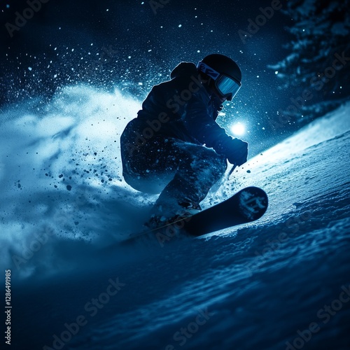 Obraz na płótnie Real photography a snowboarder skiing at night in the snow field blues moment diagonal composition atmosphere w salonie