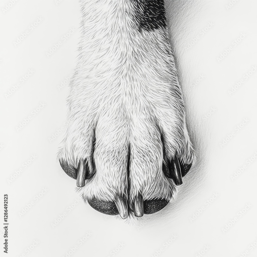 Realistic pencil drawing of a paw from a dog white background