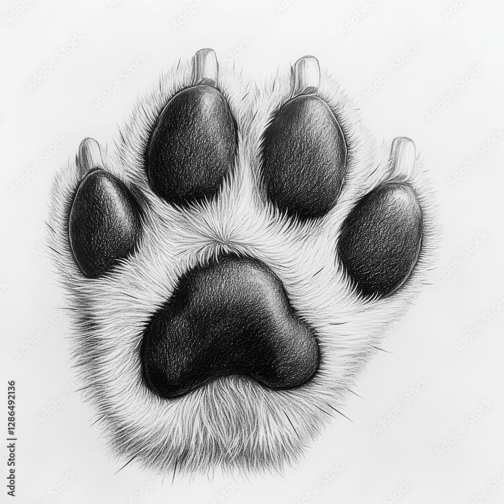Realistic pencil drawing of a paw from a dog white background