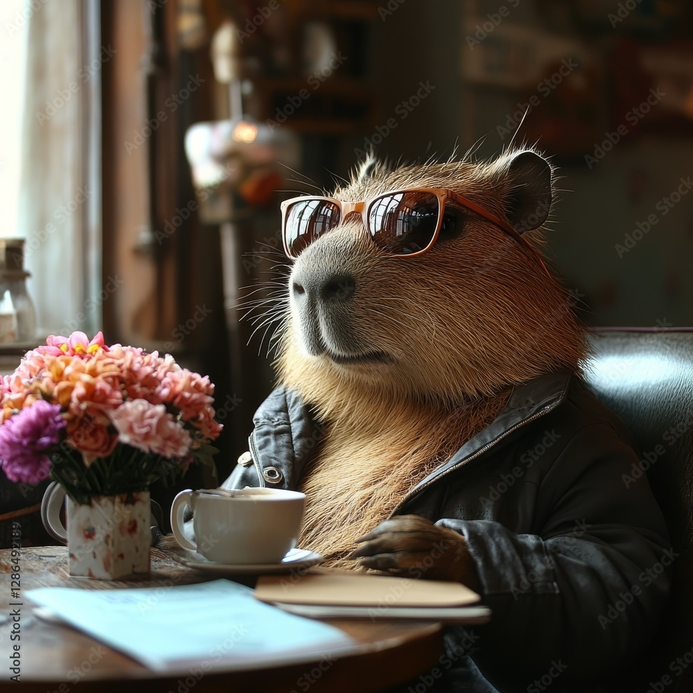 Realistic photo 3 D fashionably and stylishly dressed capybara sitting in a cafe at a table on her sunglasses in her hands a bouquet of flowers atmosphere of health and happiness sun rays