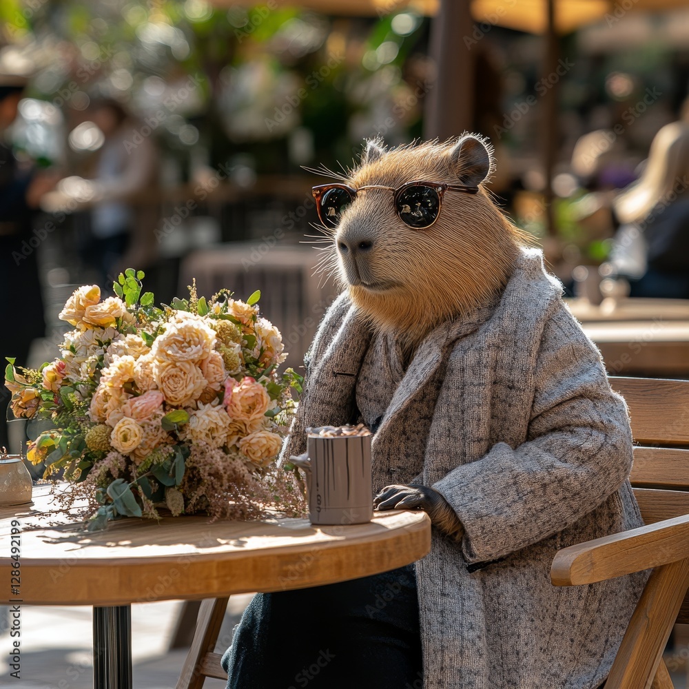 Realistic photo 3 D fashionably and stylishly dressed capybara sitting in a cafe at a table on her sunglasses in her hands a bouquet of flowers atmosphere of health and happiness sun rays
