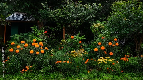 Lush Garden Oasis: Vibrant Orange Blooms in a Summer Cottage Setting AI Generated