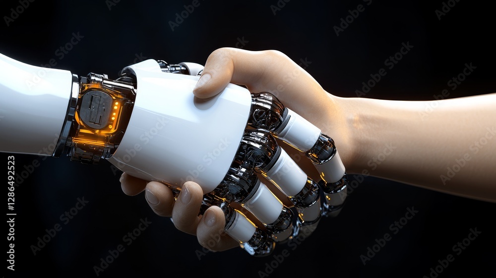 Robot and a human handshake in a solid background