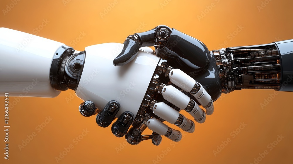 Robot and a human handshake in a solid background