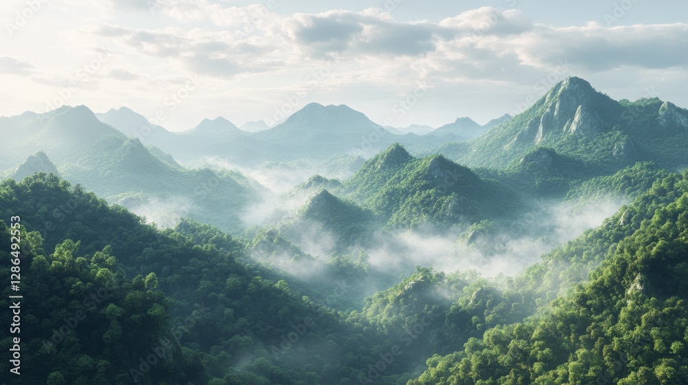 Rolling mountains mountain forests covered with dense vegetation The sky with thin clouds a light mist pervading the mountains Soft light creating a peaceful and distant atmosphere Rolling mountains mountain forests covered with dense vegetation The sky with thin clouds a light mist pervading the mountains Soft light creating a peaceful and distant atmosphere