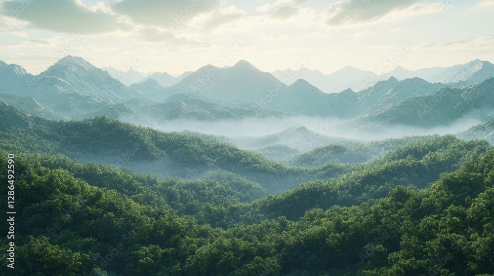 Fototapeta premium Rolling mountains mountain forests covered with dense vegetation The sky with thin clouds a light mist pervading the mountains Soft light creating a peaceful and distant atmosphere