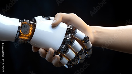 Obraz na płótnie Robot and a human handshake in a solid background w salonie