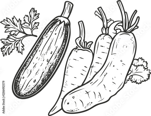 Black and white illustration of cucumber, carrots, and parsley.