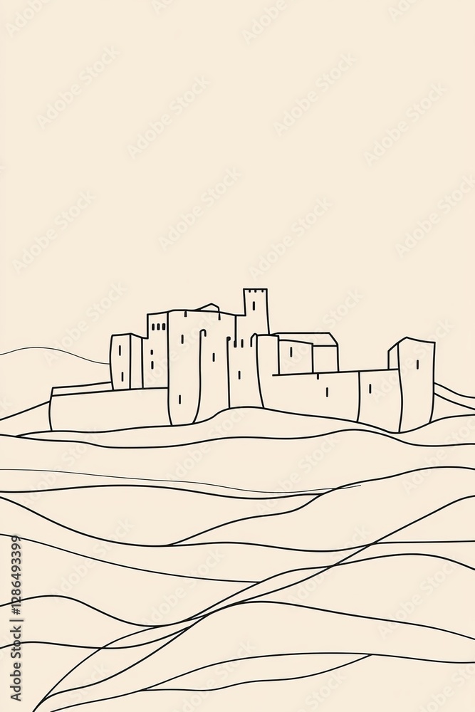 Obraz premium Simple line art drawing of tuscan hills with a castle like villa light beige background