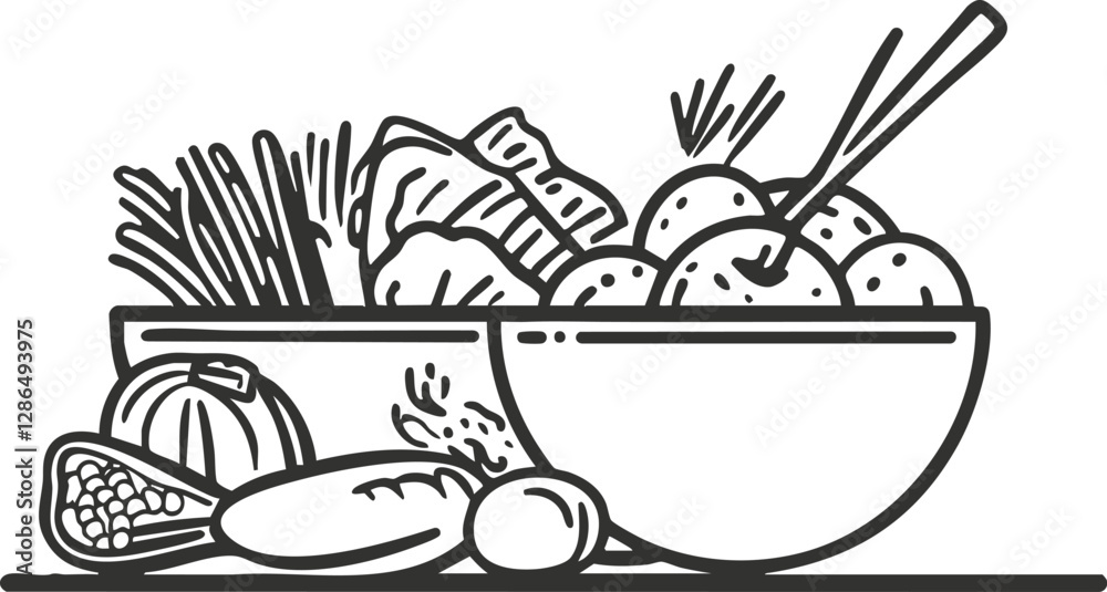 Illustration of a meal with noodles, vegetables, and bread in a bowl. Illustration of a meal with noodles, vegetables, and bread in a bowl.