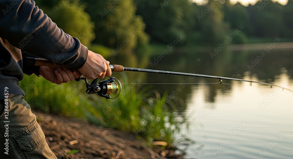 Person Fishing at Lake with Rod and Reel in Nature Setting Person Fishing at Lake with Rod and Reel in Nature Setting