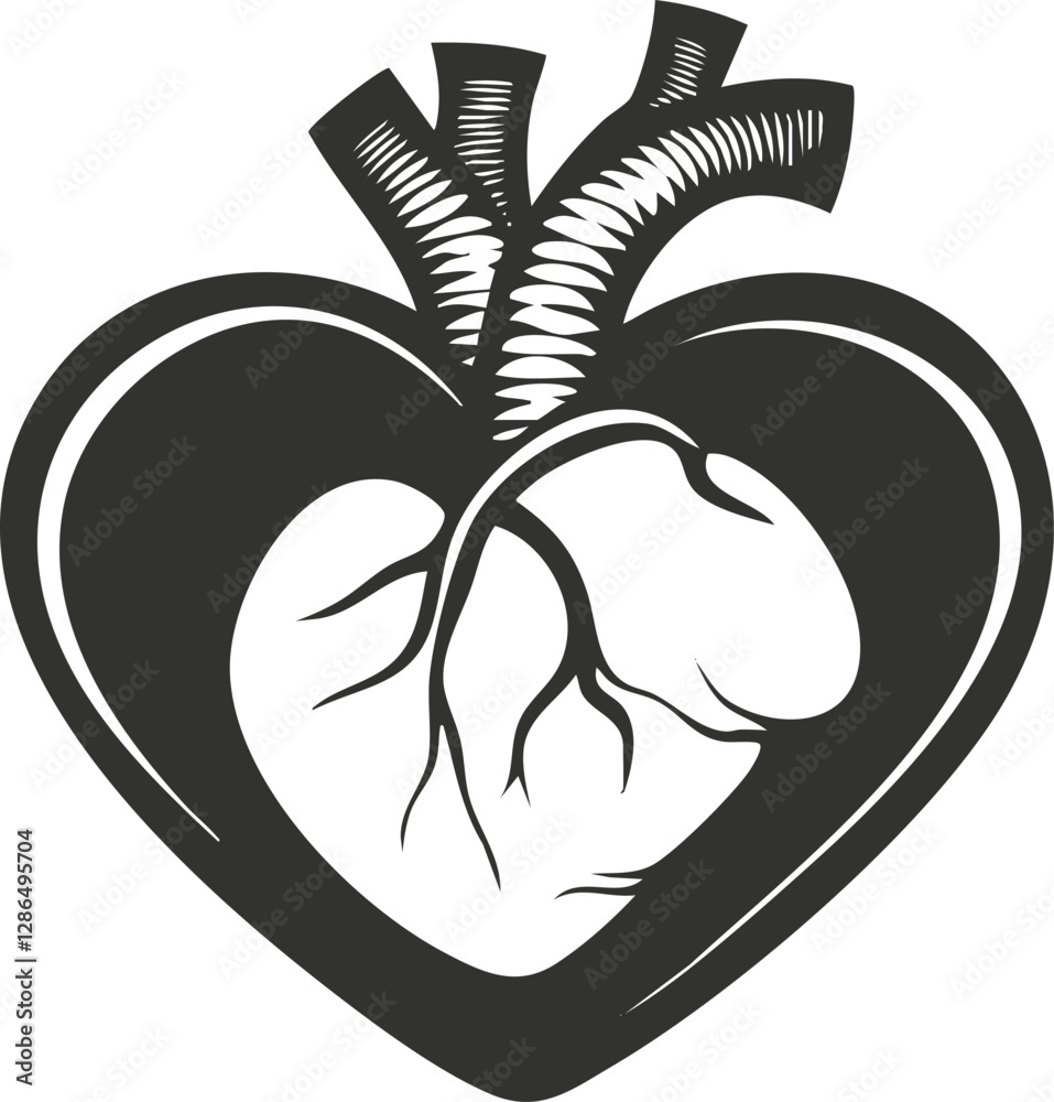Monochrome illustration of a stylized human heart with arteries. Monochrome illustration of a stylized human heart with arteries.