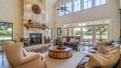 Farmhouse living room, fireplace, view, relaxation
