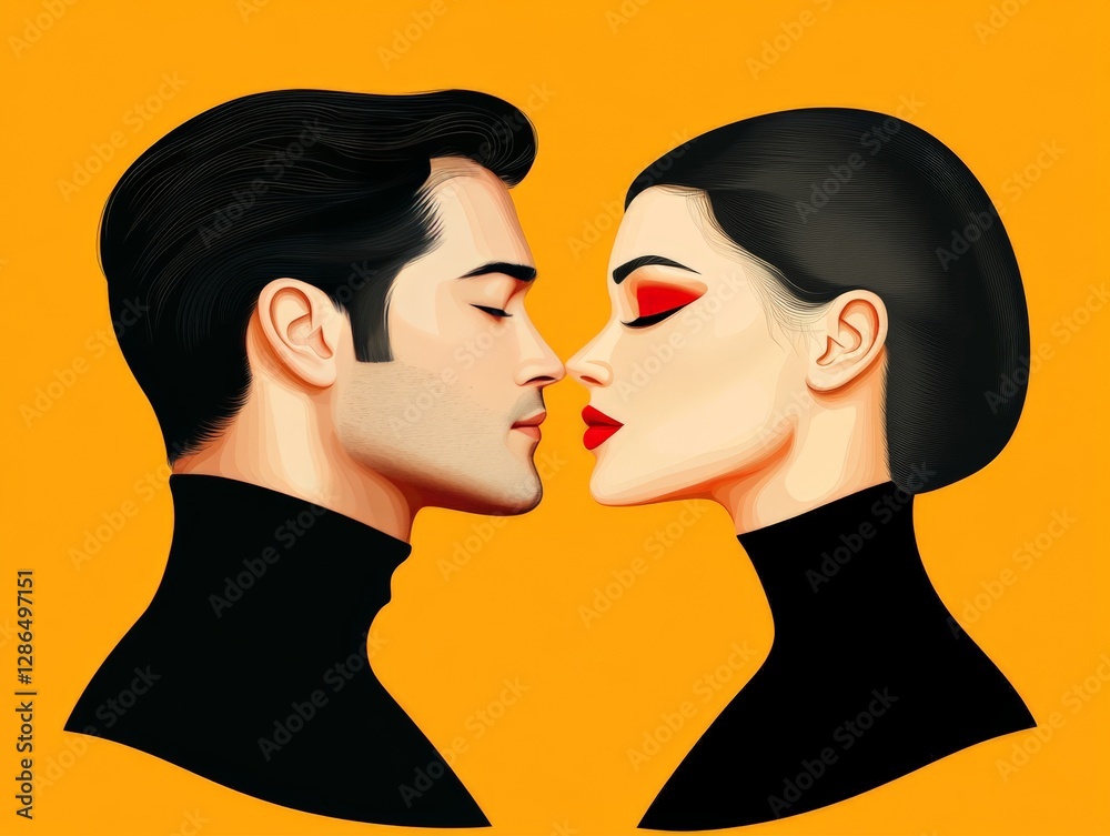 Close up of an elegant couple gazing into each other’s eyes against a vivid orange background exuding passion and connection in contemporary digital artwork