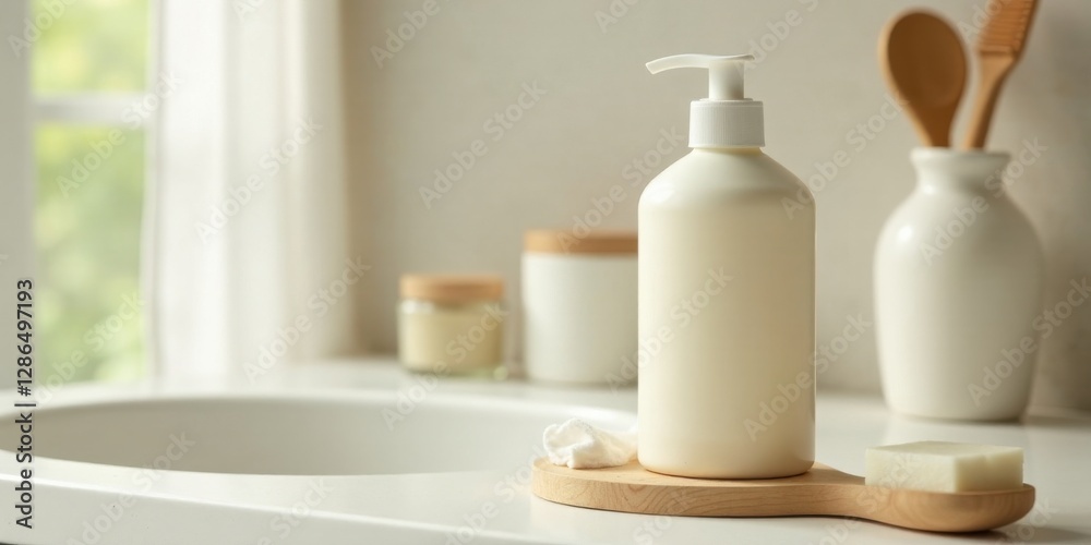 Simple Bathroom Amenities on a Wooden Tray with Natural Light Simple Bathroom Amenities on a Wooden Tray with Natural Light