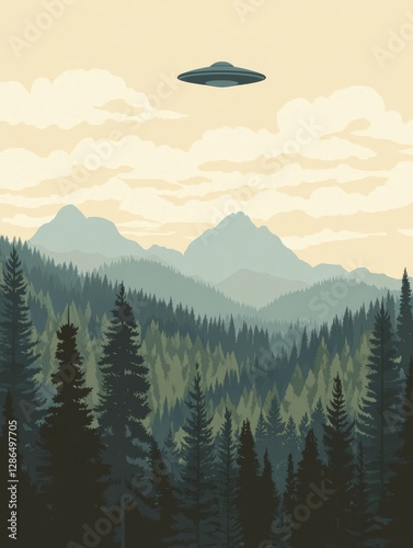 WPA style national park poster with no text with a ufo flying hilly forests with many precambrian outcroppings no mountains just hills daytime beautiful clouds inviting colors soft colors nature