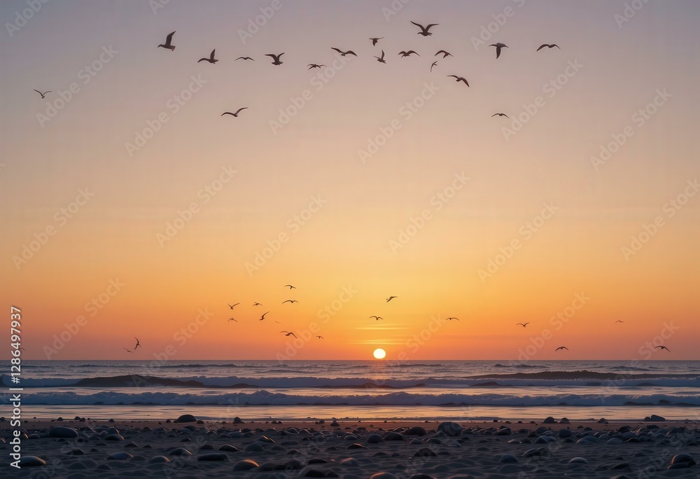 Tranquil Sunset Beach Scene Soaring Seagulls Gentle Ocean Waves - Travel Tourism Marketing Tranquil Sunset Beach Scene Soaring Seagulls Gentle Ocean Waves - Travel Tourism Marketing