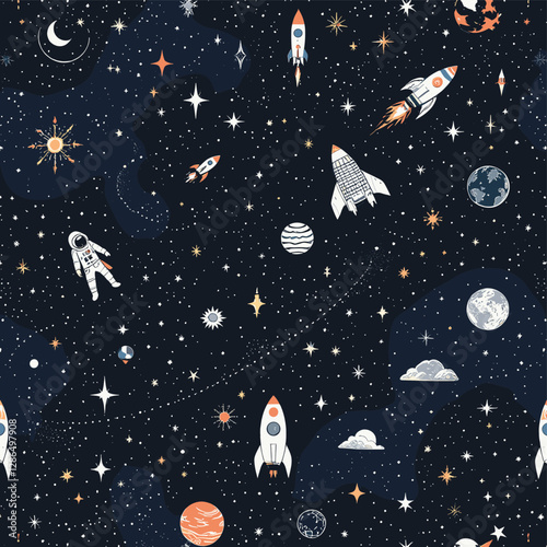 a night sky with stars, planets, and a crescent moon, along with a space theme with a rocket and an astronaut.