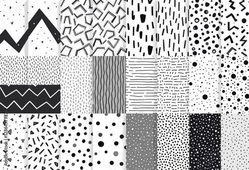 a grid of 16 distinct black and white patterns, each with its own unique design and arrangement of shapes, lines, dots, and dots.