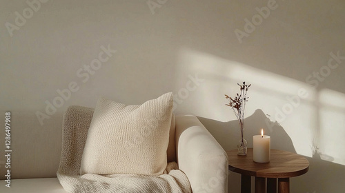 Candlelight and dried flowers create a peaceful, minimalist scene in a cozy living room with neutral tones.