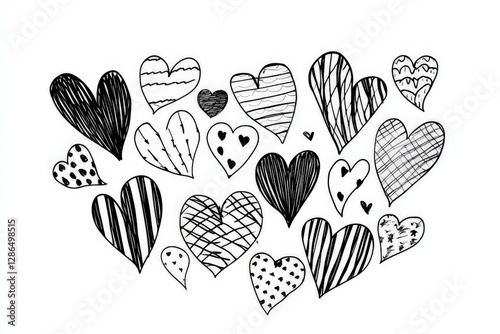 Hand drawn doodle heart collection in artistic monochrome sketch style featuring various love inspired decorative patterns and creative romantic elements for expressive design composition photo