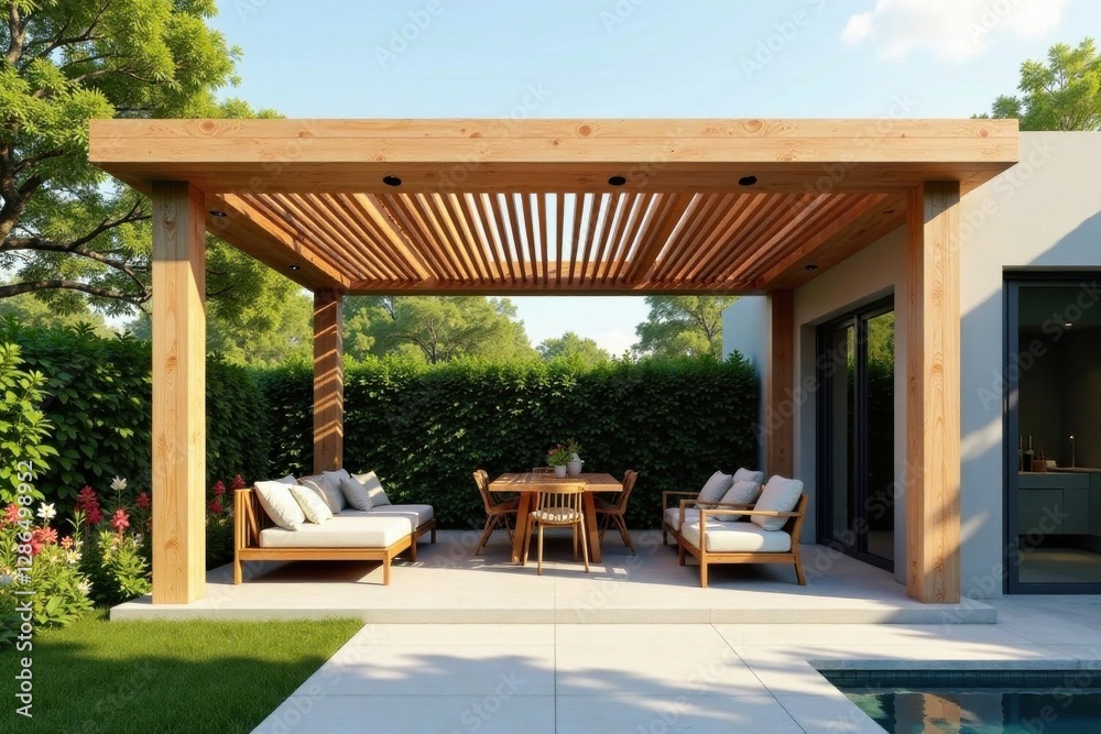 Fototapeta premium Relaxing Outdoor Patio Design with Wooden Pergola and Comfortable Seating