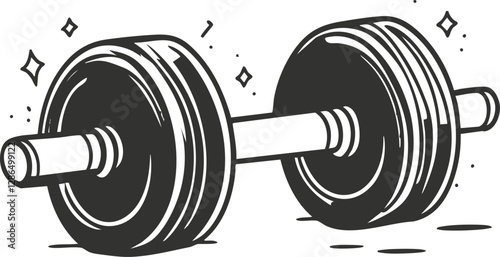 Black and white illustration of a dumbbell with sparkles.