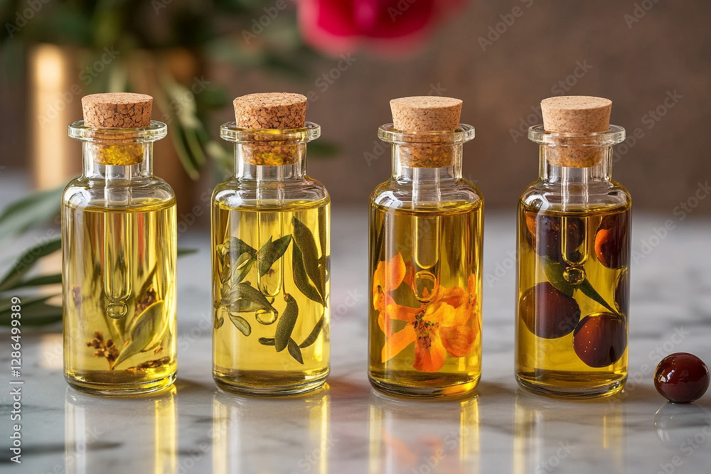 Colorful and aromatic infused oils in glass bottles showcased on a kitchen countertop Colorful and aromatic infused oils in glass bottles showcased on a kitchen countertop
