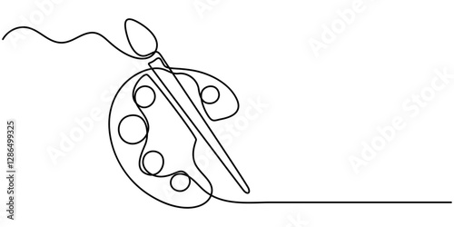 One Continuous Line Drawing of Art Class Icon. Single Line Vector Illustration, Continuous one line drawing of a art materials. Artsy brushes and painting palette one line drawing vector illustration.