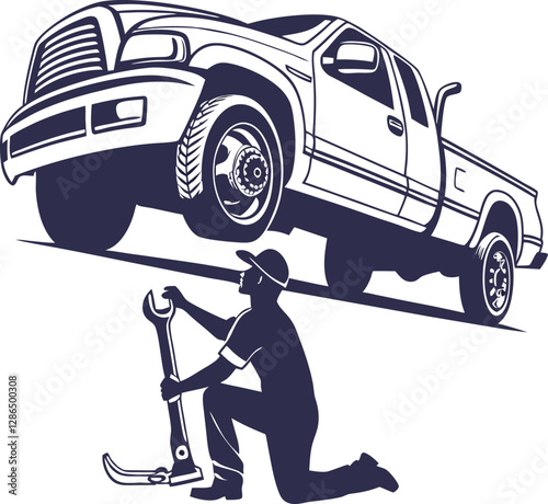 vector silhouette of a mechanic repairing a truck with a wrench, ideal for automotive, repair, and transportation