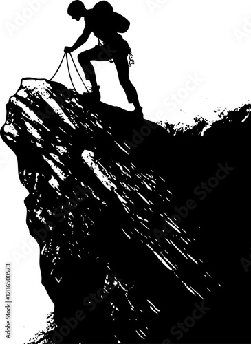 Silhouette of a climber ascending a rocky mountain peak.