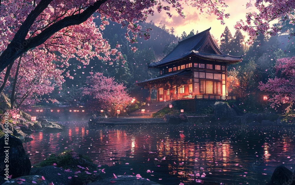 Obraz premium Professional stock photo of a Traditional Japanese Temple Surrounded by Cherry Blossoms