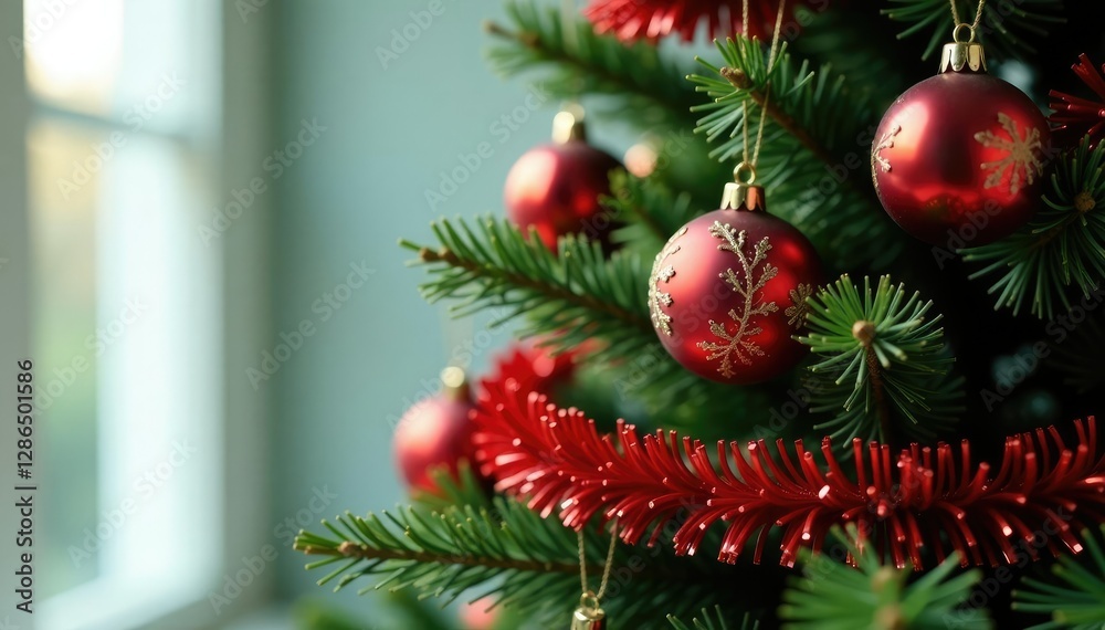 Fototapeta premium Vintage ornaments and tinsel wrap around the tree, tree, tinsel, holiday