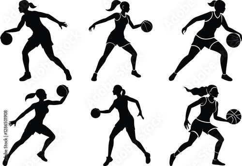 Wallpaper Mural Silhouette of Female Basketball Players, Female playing basketball silhouettes set Torontodigital.ca