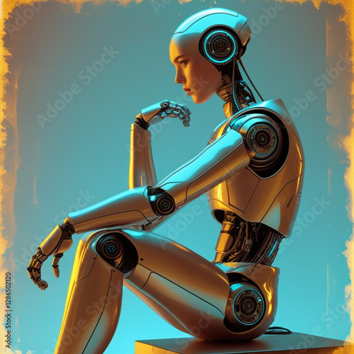 Thinking Android robot side view Concept of Machine Learning and Evolution The background is in warm golden and pestal color