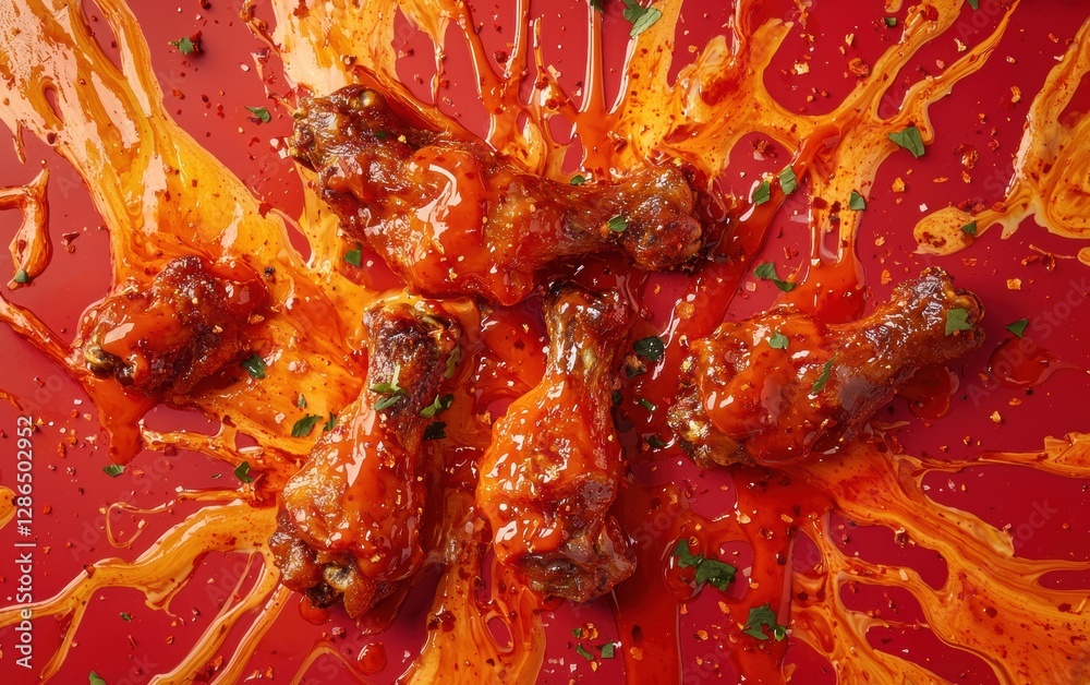 Spicy fried chicken wings with hot sauce drizzle on a fiery red background Spicy fried chicken wings with hot sauce drizzle on a fiery red background