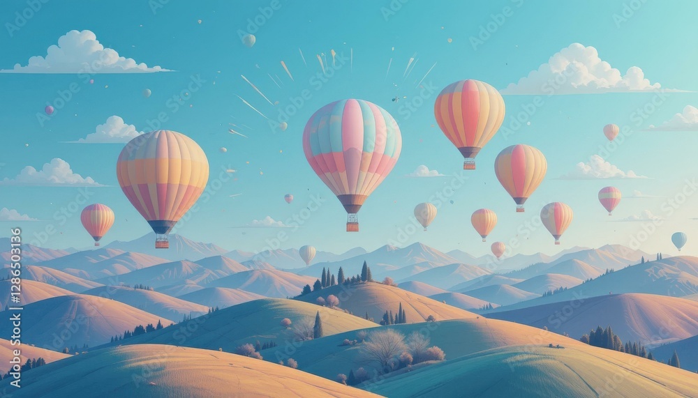 Obraz premium Vibrant Digital Illustration Colorful Hot Air Balloons Scenic Rolling Hills Bright Blue Sky - Symbolizing Adventure Travel Tourism Marketing Materials